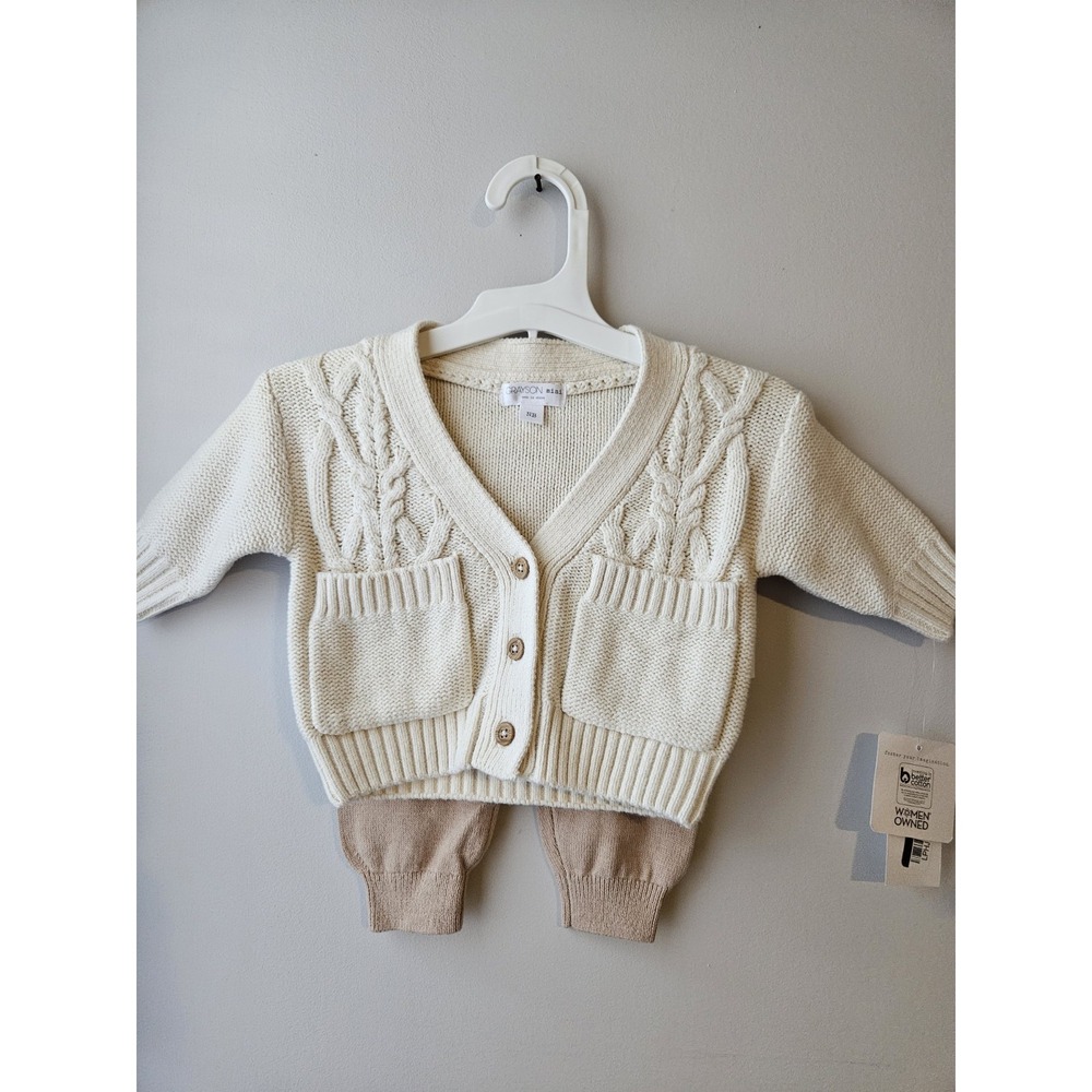GRAYSON‎ Mini Baby Knit Outfit Set NB Off-White Beige Cardigan + Pants NWT